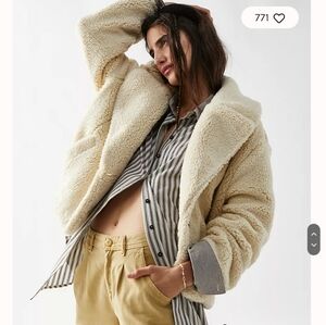 NWT Free People Joplin faux fur bomber jacket ivory button down front Large